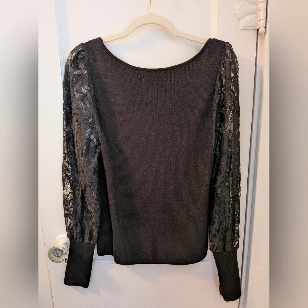 By Anthropologie Black Lace Long Sleeve Sleeve Sweater Top - Size M